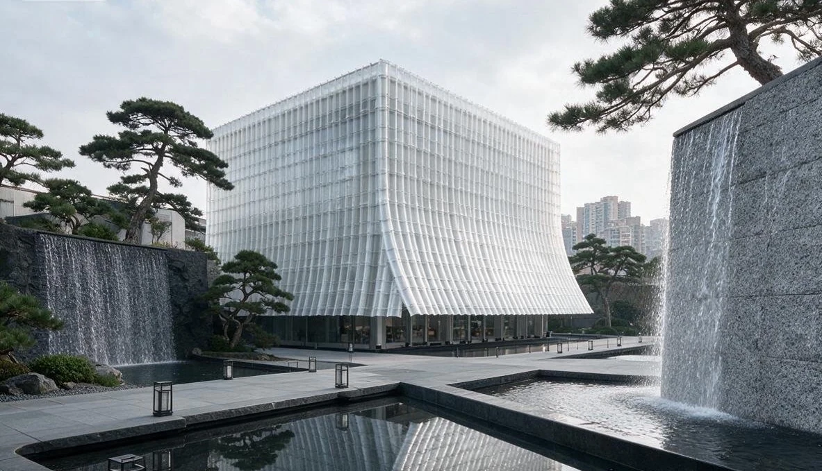浅色半透明立面建筑与庭院景观